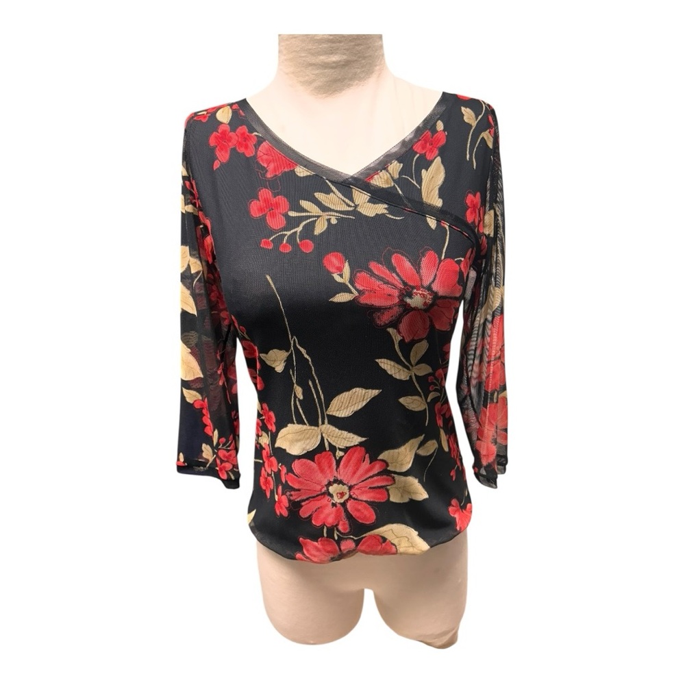 Vintage Y2K Anac by Kimmy mesh black and red floral top Size Large